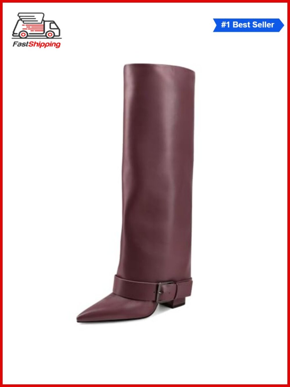 ✨ Knee High Boots Women Fold Over Chunky Heel Wide Calf Pointed Toe Belt Buckle